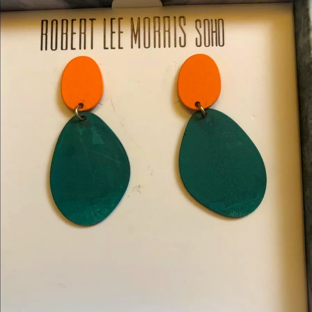 Robert Lee Morris Soho Double Drop Earrings Orange & Green Patina NIB
